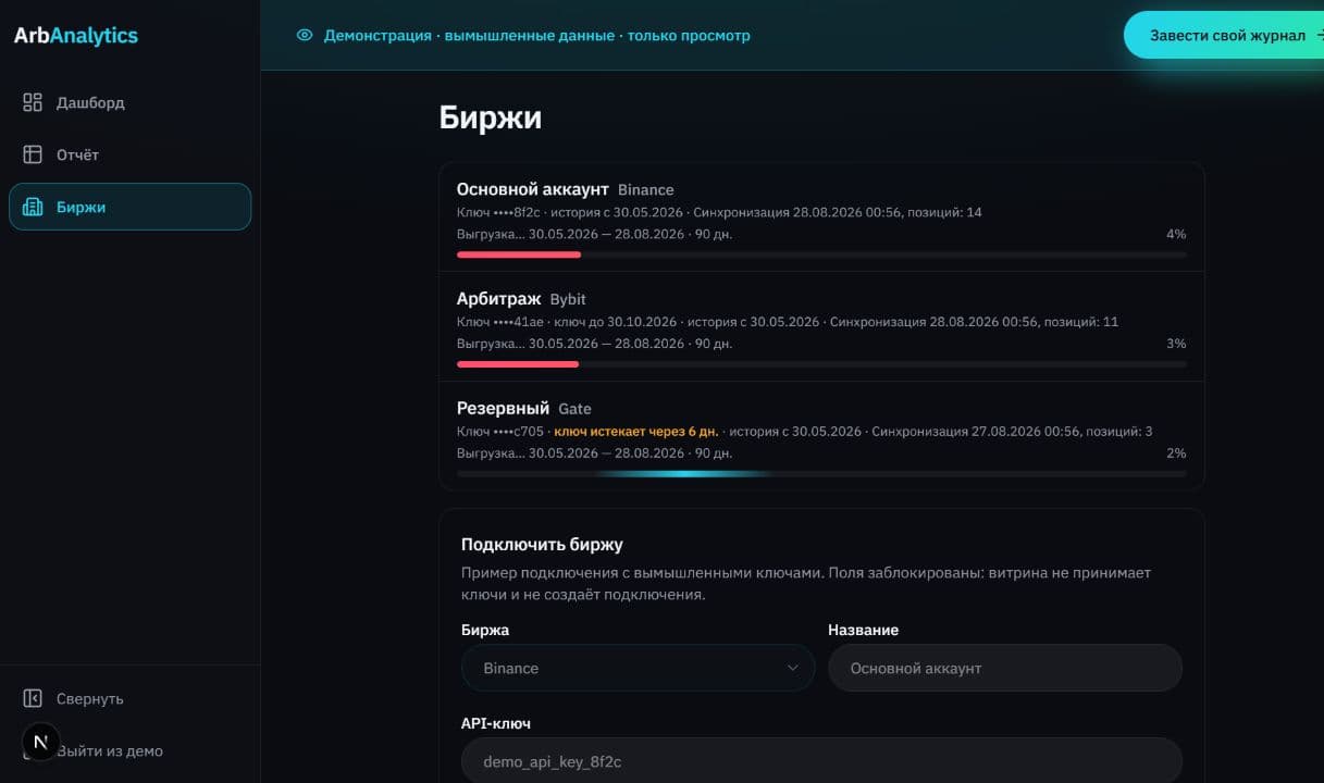 Страница подключения бирж в демо-кабинете ArbAnalytics